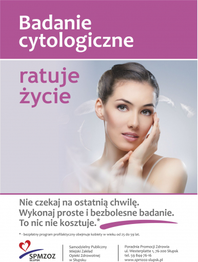 ulotka dot. badania cytologicznego, na różowym tle napis badanie cytologiczne ratuje zycie, wizerunek młodej kobiety